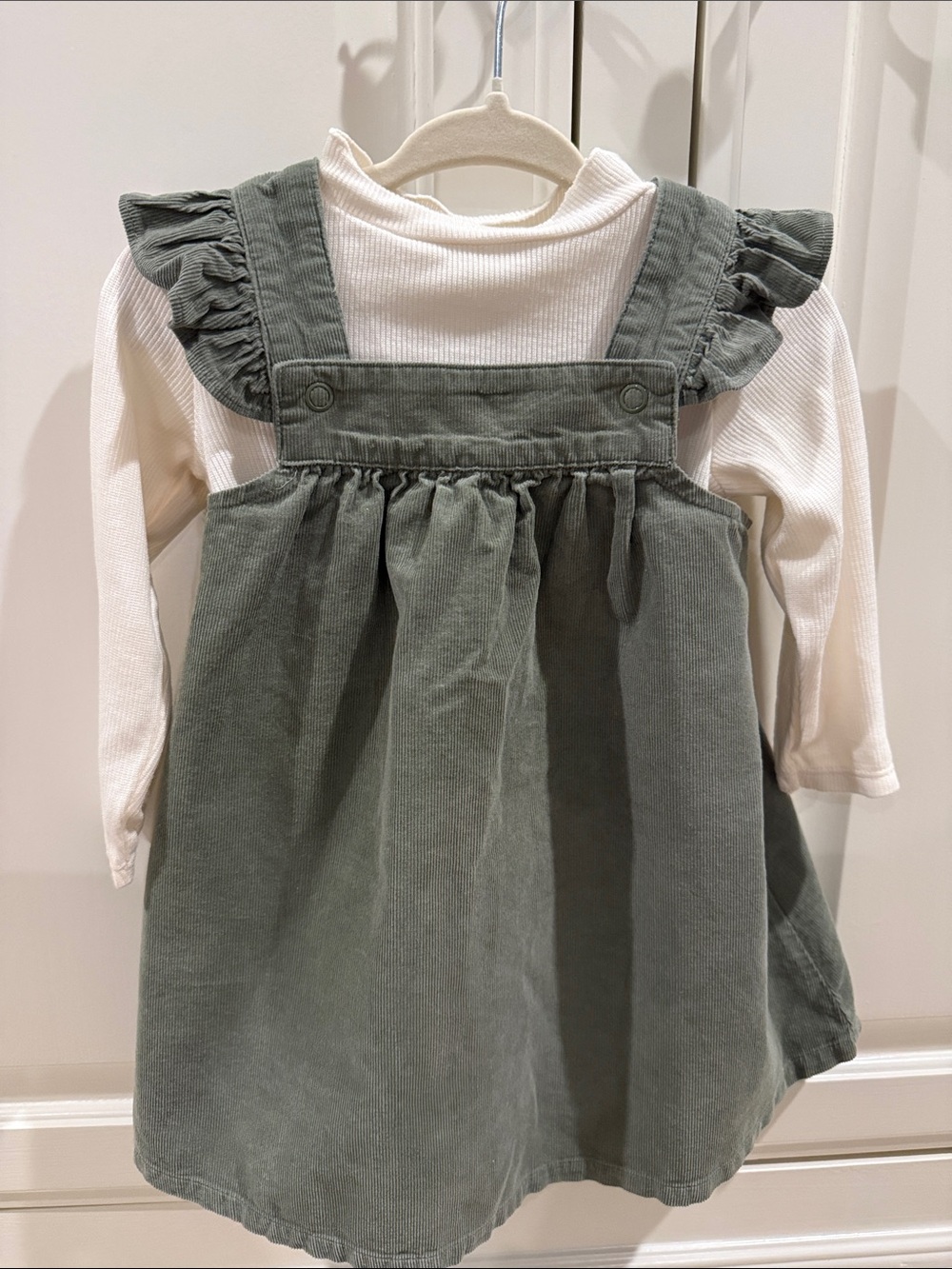 Angel Dear Olive Green Corduroy Pinafore Dress with Cream Mock Turtleneck